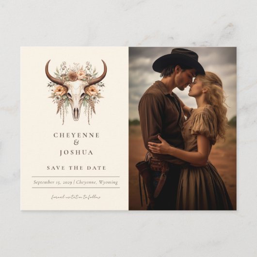 Bohoフローラスカルウェスタンウェディング日付を保存 ポストカード (正面)