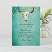 Bohoフローラスカル、ストリングライトターコイズ結婚ズ 招待状 (スタンド正面)