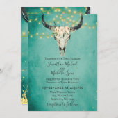 Bohoフローラスカル、ストリングライトターコイズ結婚ズ 招待状 (正面/裏面)