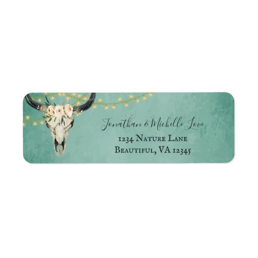 Bohoフローラスカル、String Lightsターコイズアドレス ラベル (正面)