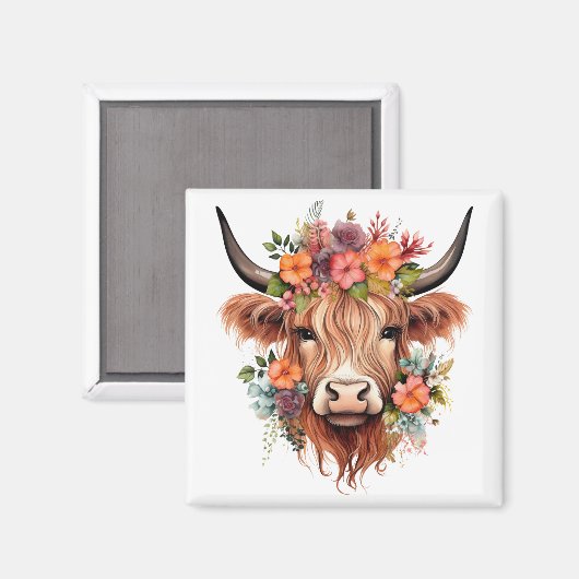 Bohoフローラスコティッシュハイランドカウウエスタンフラワーズ マグネット (正面/裏面)