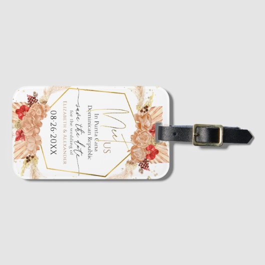 BohoフローラテラコッタGildedスクリプト日付を保存 ラゲッジタグ (正面横)