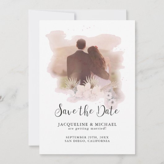 BOHOフローラトロピカルモダンスクリプトパーム写真 セーブザデート (正面)