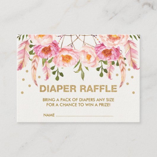 Bohoフローラドリームキャッチャーピンク金ゴールドおむつラッフル エンクロージャーカード (正面)