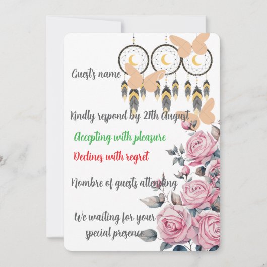 Bohoフローラドリームキャッチャー結婚式RSVPカード (正面)