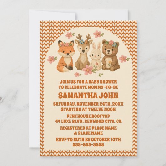 Bohoフローラニットウッドランド動物ベビーシャワー 招待状 (正面)