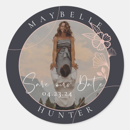 BohoフローラバラフォトサークルNavy日付を保存 ラウンドシール (正面)