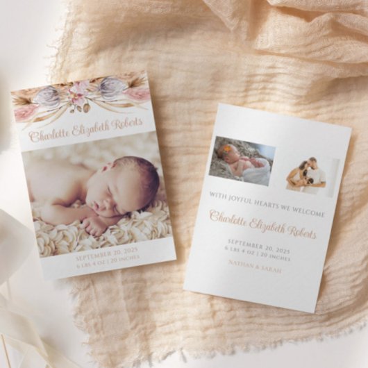 Bohoフローラパンパスグラス写真誕生のお知らせ サンキューカード