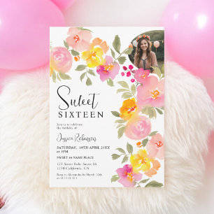 BohoフローラピンクウォーターカラースクリプトPhoto Sweet 16 招待状