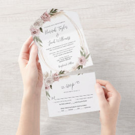 Bohoフローラピンクパンパスグラス結婚ズRSVP付き オールインワン招待状