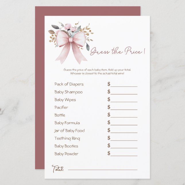 Bohoフローラピンクボウガール赤ちゃんシャワー価格推測 (正面/裏面)