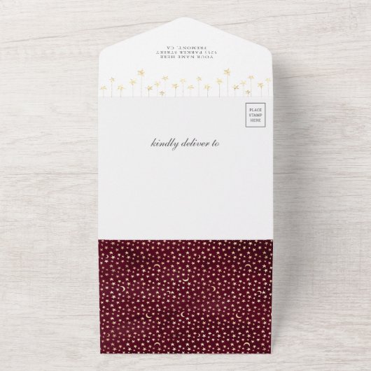 Bohoフローラピンクムーンブルゴーニュ赤ちゃんシャワー オールインワン招待状 (外側)