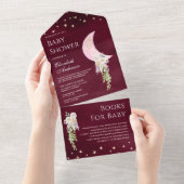 Bohoフローラピンクムーンブルゴーニュ赤ちゃんシャワー オールインワン招待状 (貼ってはがせる)