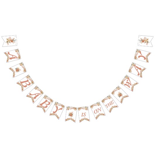 Bohoフローラピンク文字の白い赤ちゃんシャワー バンティングフラッグ (全)