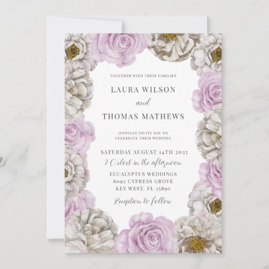 Bohoフローラピンク&オフホワイトウォーター結婚カラーのイン 招待状 (正面)