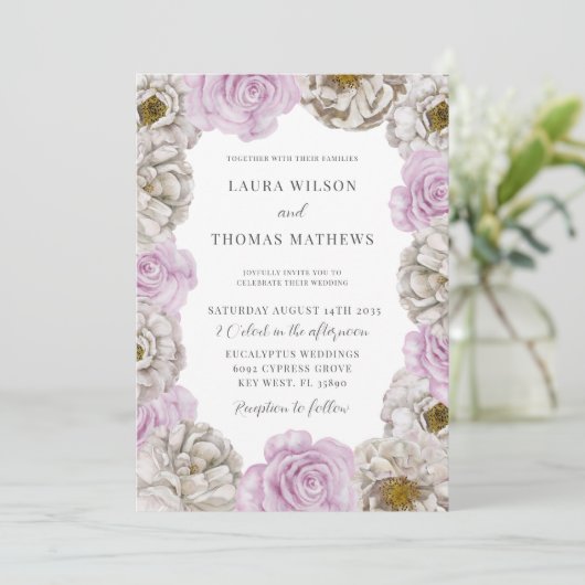 Bohoフローラピンク&オフホワイトウォーター結婚カラーのイン 招待状 (スタンド正面)