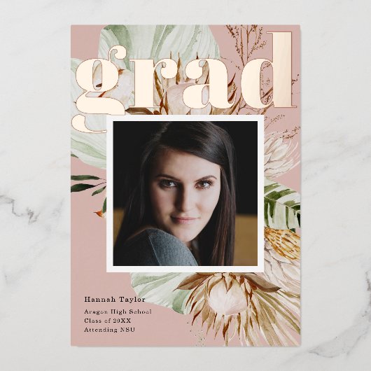 Bohoフローラフォトフォイル卒業発表 箔招待状 (正面)