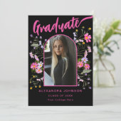 Bohoフローラフォトブラックとピンクスクリプトグラードパーティー 招待状 (スタンド正面)