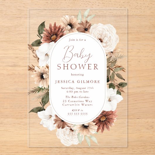 Bohoフローラフレームニュートラルベビーシャワー アクリル招待状 (正面)