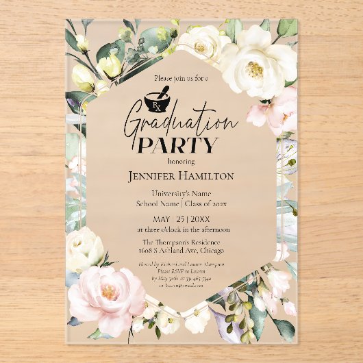 Bohoフローラフレーム写真薬学院卒業 アクリル招待状 (正面)