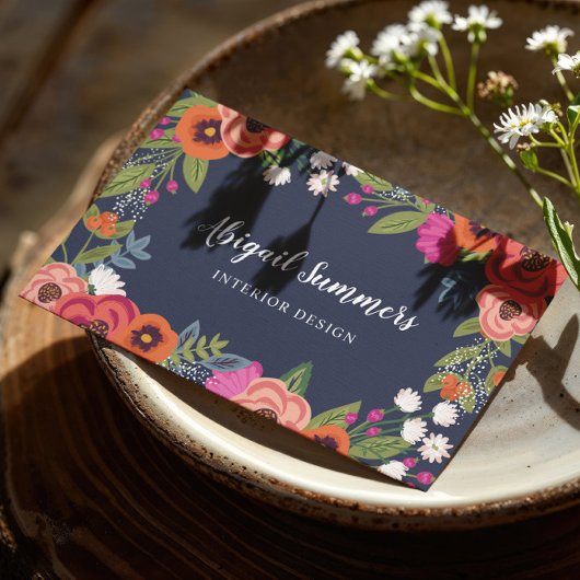 Bohoフローラフレーム – ネイビーブルー&コーラル 名刺