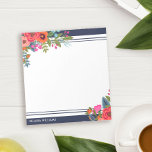 Bohoフローラブケッツ – ネイビーブルー&ホワイト – 名前 ノートパッド<br><div class="desc">二パーソナライズされたつの角にboho花の美しい花束を持つメモ帳。ネイビーブルーモダンに白文字で名前を付ける。</div>