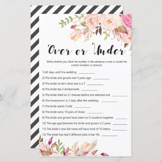 Bohoフローラブライダルシャワーゲーム – 上または下 (正面/裏面)