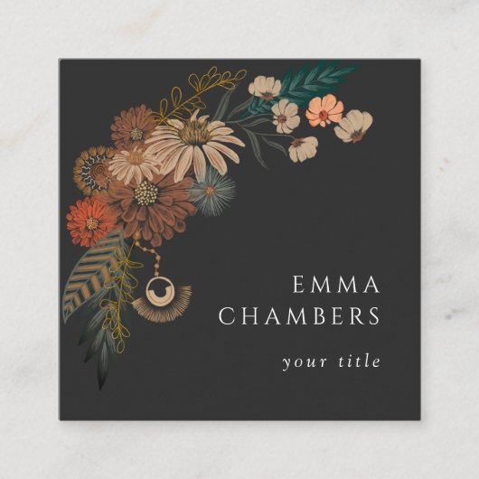 Bohoフローラブラックビジネスカード スクエア名刺 (正面)