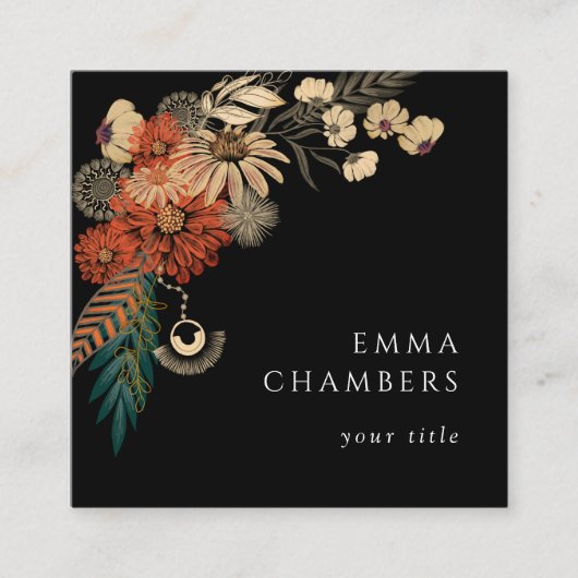 Bohoフローラブラックビジネスカード スクエア名刺 (正面)