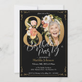 Bohoフローラブラック金ゴールド写真80th誕生日パーティー 招待状 (正面)
