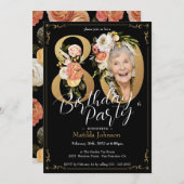 Bohoフローラブラック金ゴールド写真80th誕生日パーティー 招待状 (正面/裏面)
