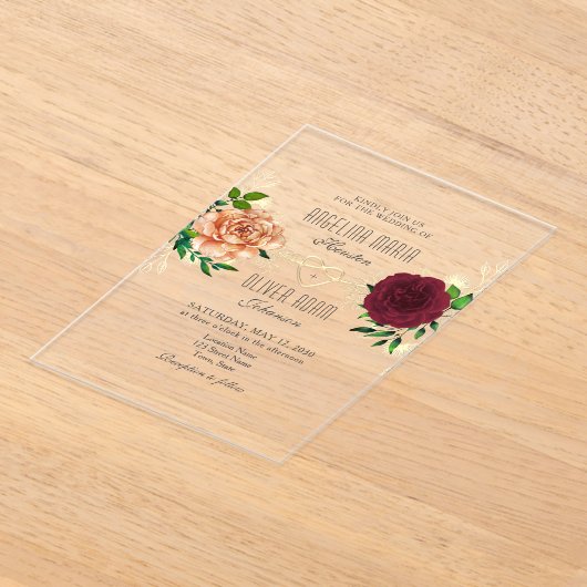 Bohoフローラブルガンディアクリル結婚式の招待 アクリル招待状 (レイダウン)
