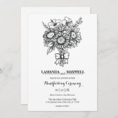 Bohoフローラブーケとリボンハンドスティング 招待状 (正面/裏面)