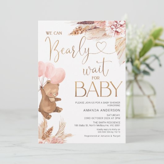 Bohoフローラベビーの赤ちゃんシャワーを待つ 招待状 (スタンド正面)