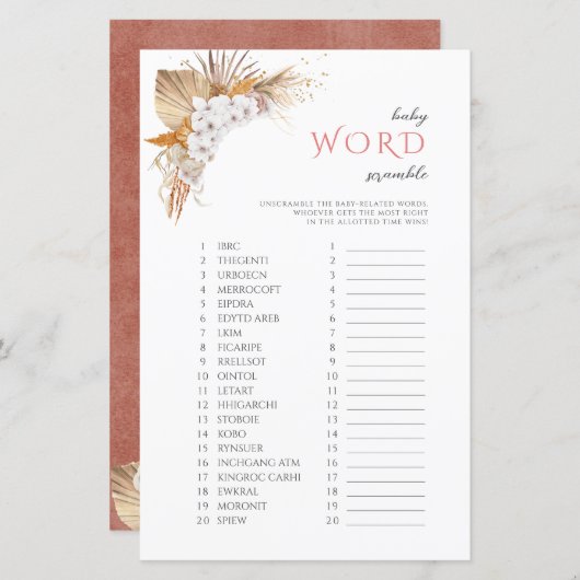 Bohoフローラベビーワードスクランブルベビーシャワーゲーム (正面/裏面)