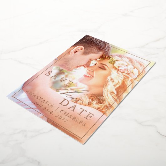 Bohoフローラホイ実在ルフォト日付カードを保存 箔招待状 (回転した状態)