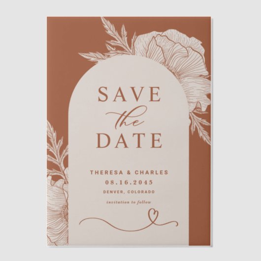 Bohoフローララインアートテラコッタアーチ日付を保存 ベラム紙招待状 (正面)