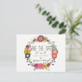 Bohoフローラリース結婚式の日付を保存 案内ポストカード (スタンド正面)