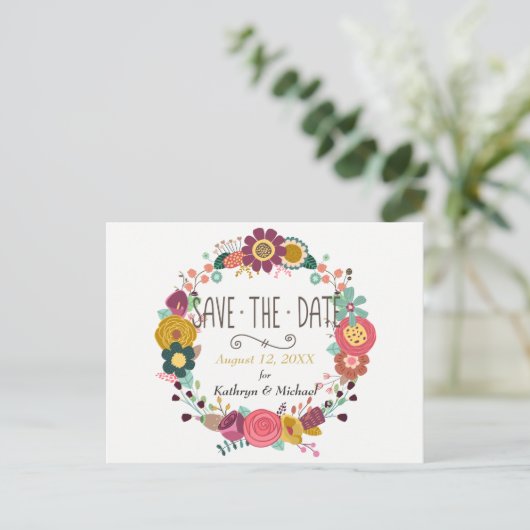 Bohoフローラリース結婚式の日付を保存 案内ポストカード (スタンド正面)