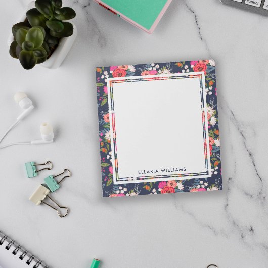 Bohoフローラルパターン – ネイビーブルー – 名前 ノートパッド
