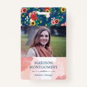 Bohoフローラルパターン&赤面ピンク水彩写真 バッジ (正面)