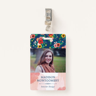 Bohoフローラルパターン&赤面ピンク水彩写真 バッジ