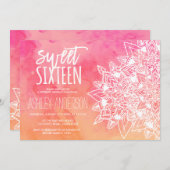 Bohoフローラレースのマンダラピンクの水色Sweet 16 招待状 (正面/裏面)