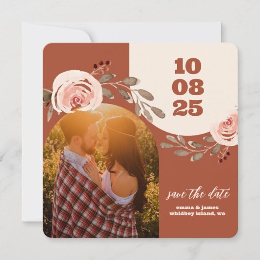 Bohoフローラ写真Save the Date Card Burnt Orange 招待状 (正面)