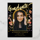 Bohoフローラ大学院写真Gradパーティースクリプト金ゴールド 箔招待状 (正面)