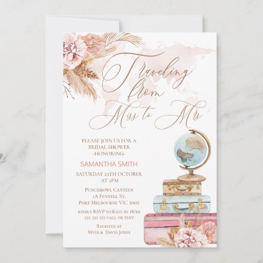 Bohoフローラ恋しく思旅行 – ミセス・ブライダルシャワー 招待状 (正面)