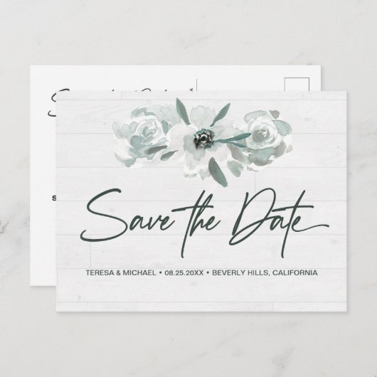 Bohoフローラ水の色モダン日付を保存スクリプト 案内ポストカード (正面/裏面)