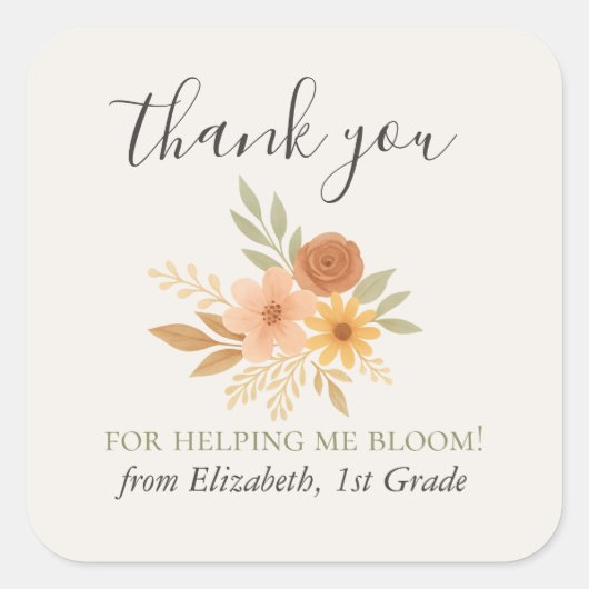 Bohoフローラ水彩先生有難う スクエアシール (正面)