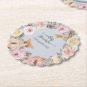 Bohoフローラ水彩埃っぽいブルーピンク赤ちゃんシャワー ペーパーコースター (アングル)