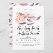 Bohoフローラ水彩羽結婚の 招待状 (正面/裏面)